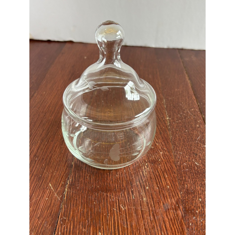 Princess House Heritage Etched Glass Candy Dish with Lid‎ Round Clear Floral Jar
